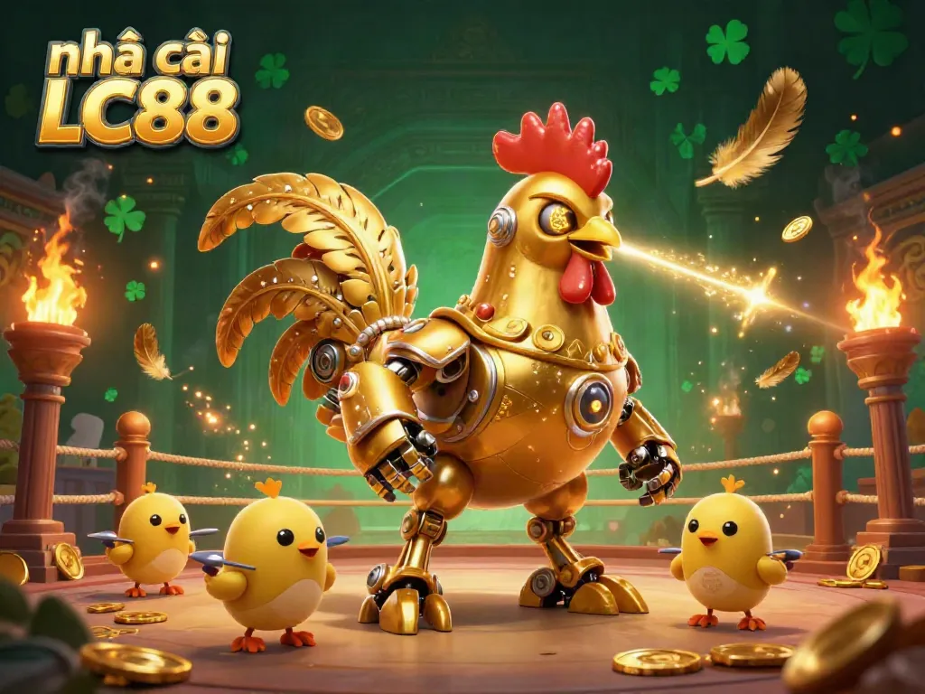 Engage with exciting gaming adventures at nhà cái LC88, featuring dynamic golden rooster robot and baby chick drones.