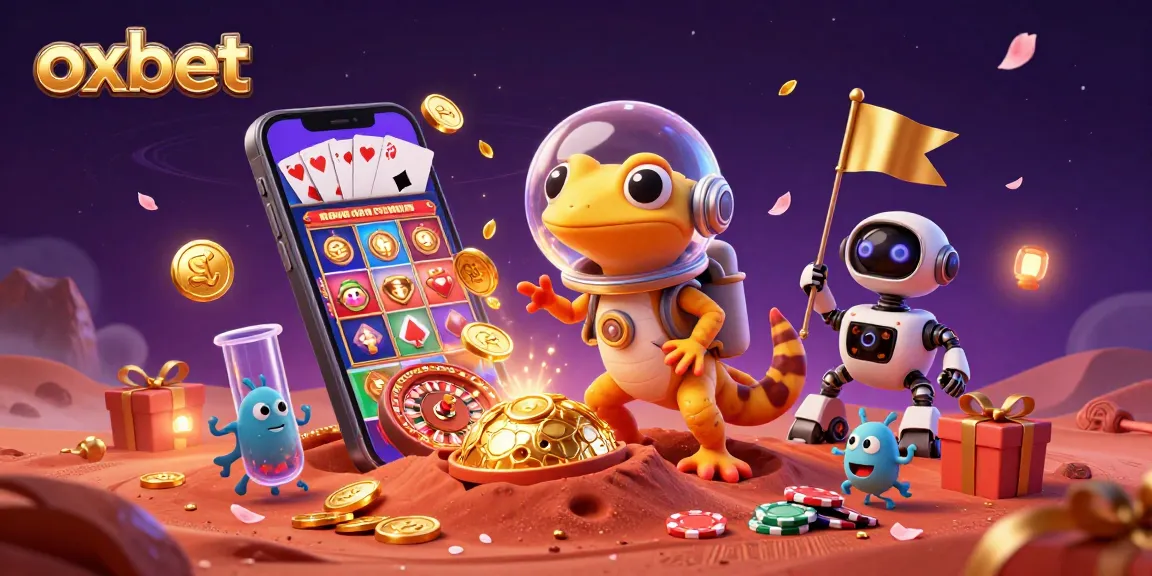 Experience the excitement of oxbet with a Martian gecko discovering a golden casino amidst dynamic gaming elements.