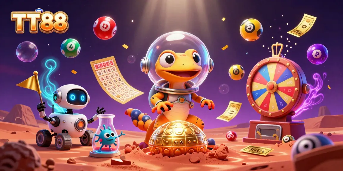 Engage with TT88, as a Martian gecko explores a vibrant casino landscape filled with lottery excitement.