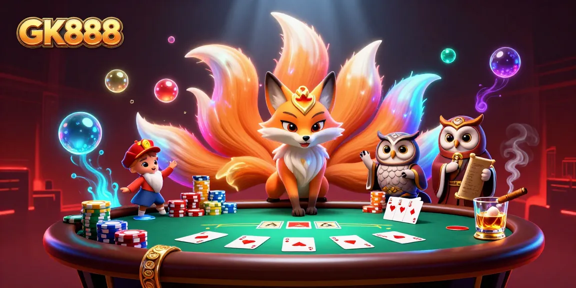 Experience the vibrant GK888 casino scene with a mystical fox, wise owl, and dynamic poker elements.