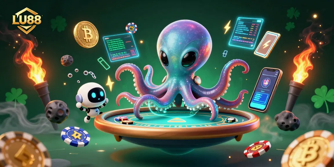 Experience thrilling gameplay at LU88 with an alien octopus managing a holographic poker table.