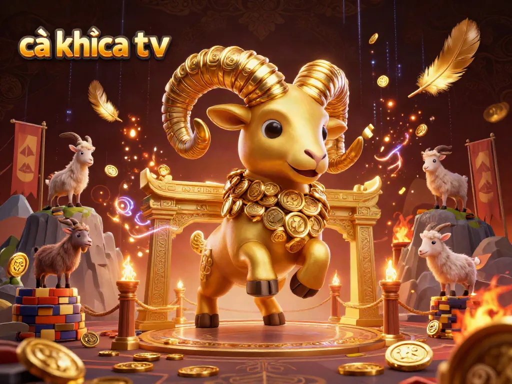Cà khịa tv showcasing a golden ram charging through a grand gate in a vibrant casino-themed scene.