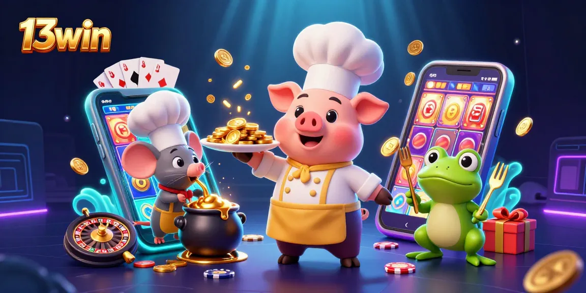 Experience the excitement of 13win with a chef pig serving gold coins in a dynamic casino scene.