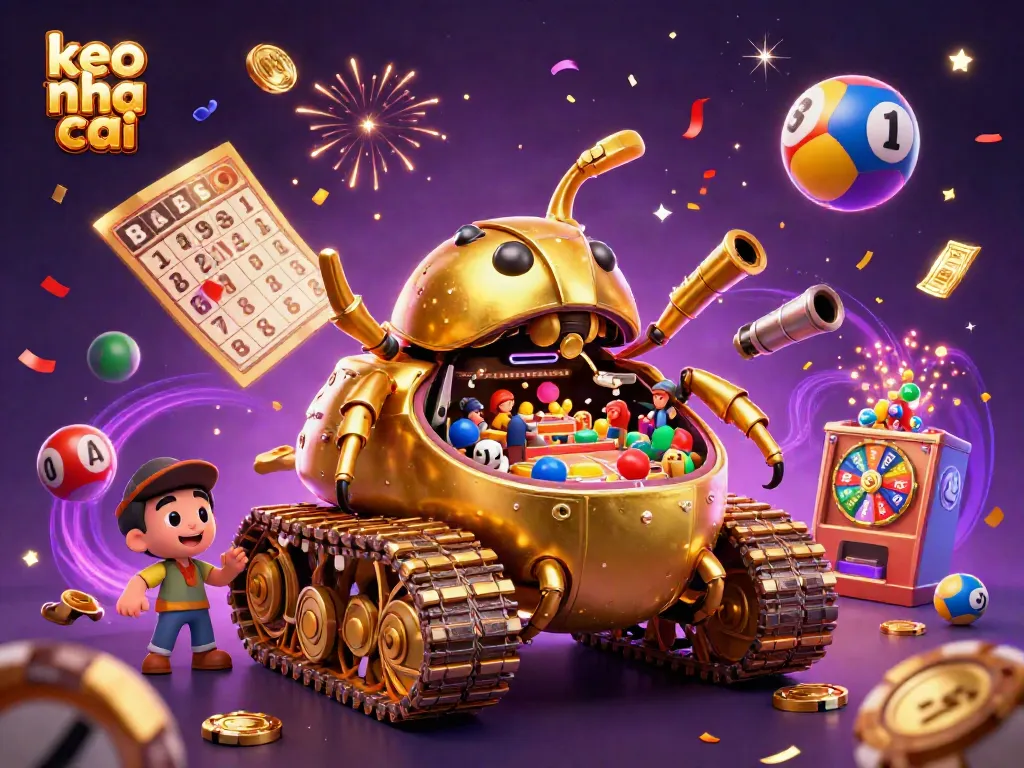 Experience the excitement of keo nha cai with a colorful 3D casino beetle tank, lottery elements, and vibrant celebrations.