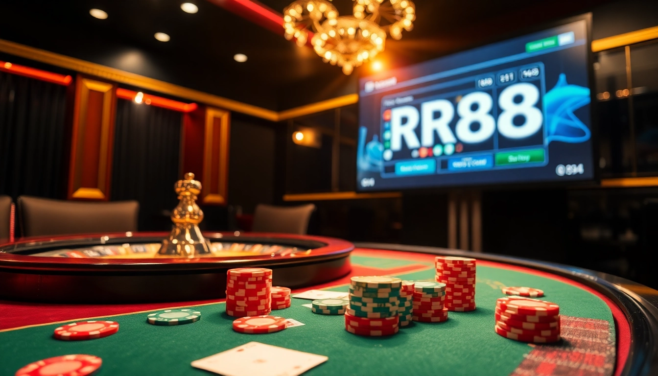 Playing cards and chips showcasing nhà cái rr88 in an exciting casino atmosphere.