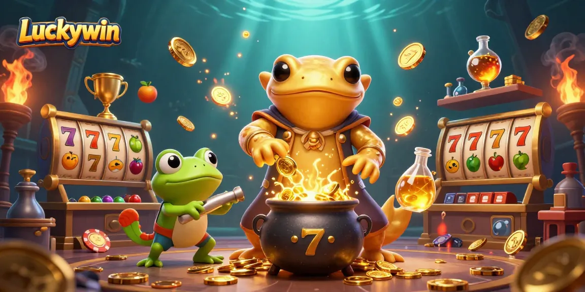 Experience Luckywin's vibrant 3D illustration showcasing a golden alchemist in a lively casino scene.