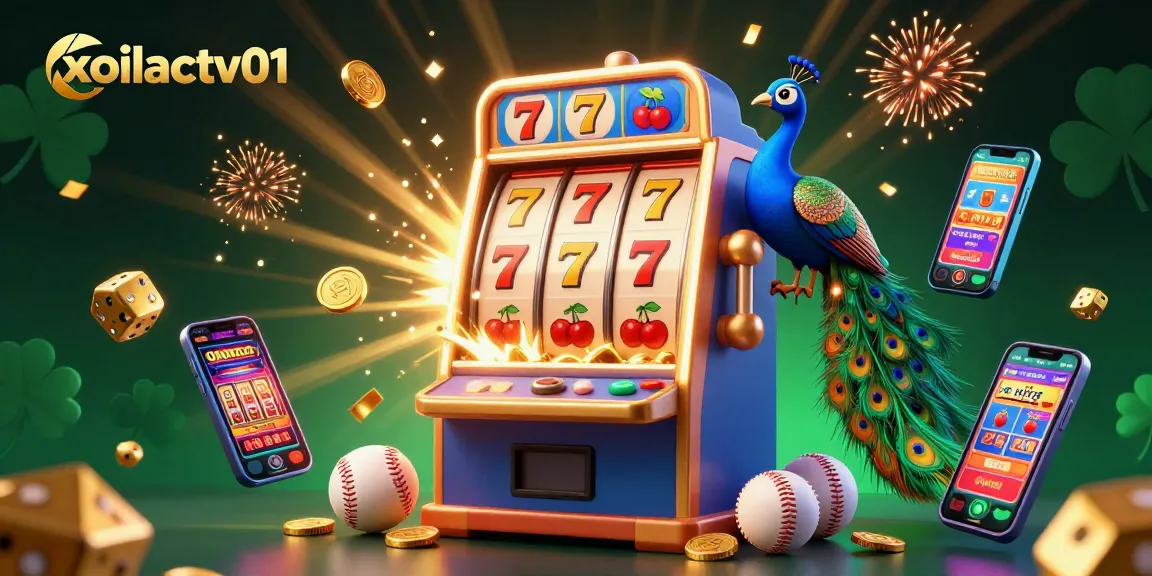 Play exciting games with xoilactv01, featuring a vibrant slot machine and dazzling casino elements.