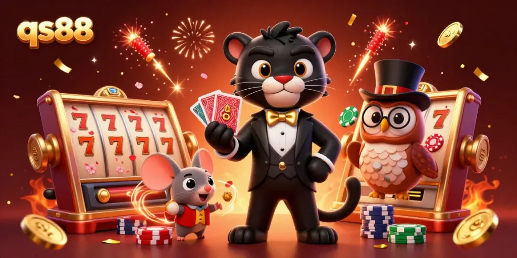 Experience thrilling gaming at qs88 with stylish characters and dynamic slot reels in a vibrant scene.