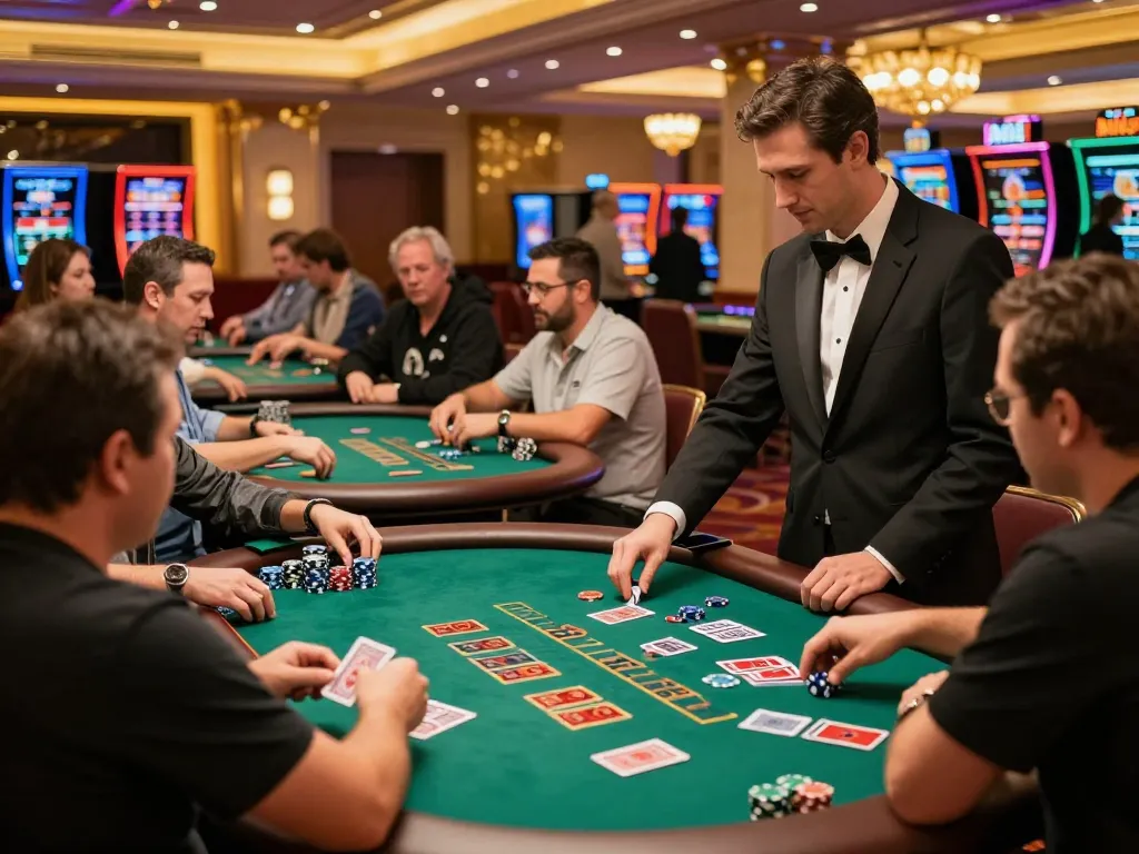 MM88 players engaged at green felt Blackjack tables with dealers in a lively casino setting