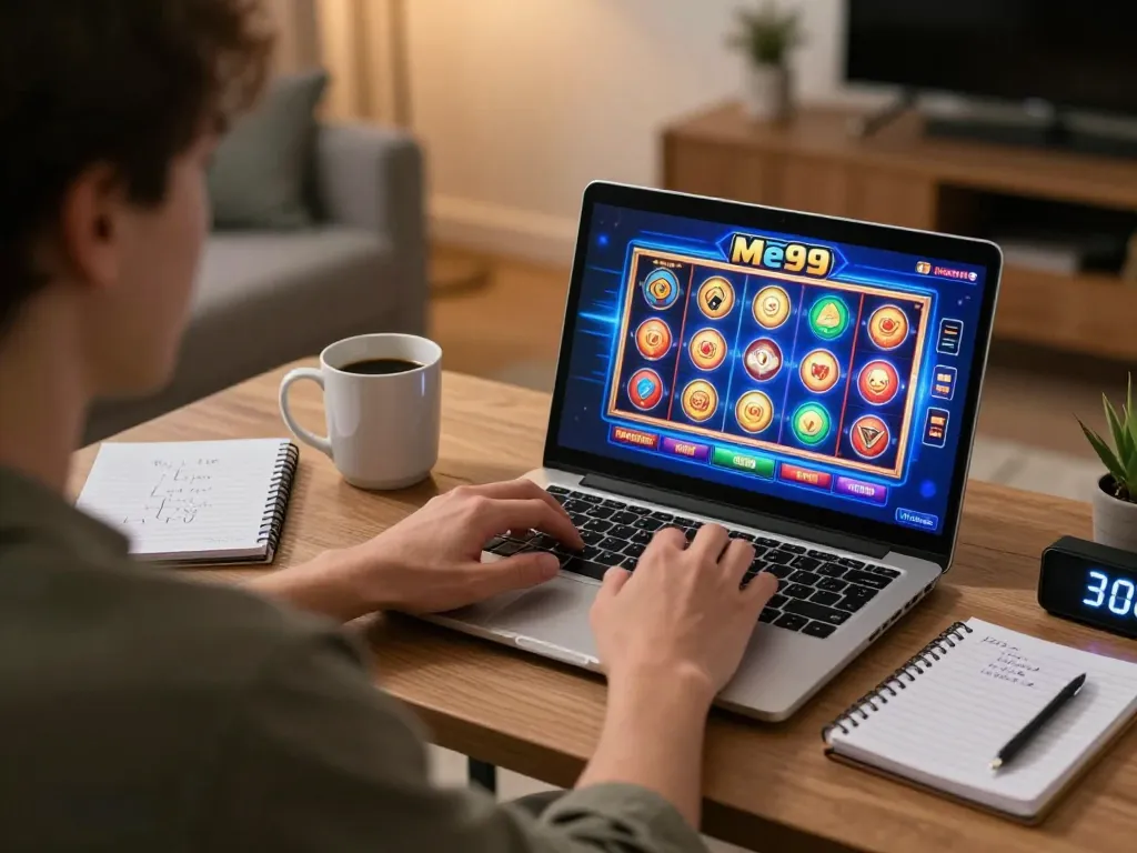 Engaging player enjoying Me99 slots on a laptop, showcasing responsible gaming in a cozy home