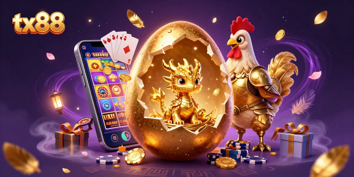 Win big with tx88's games featuring golden dragon and poker elements in a vibrant casino scene.