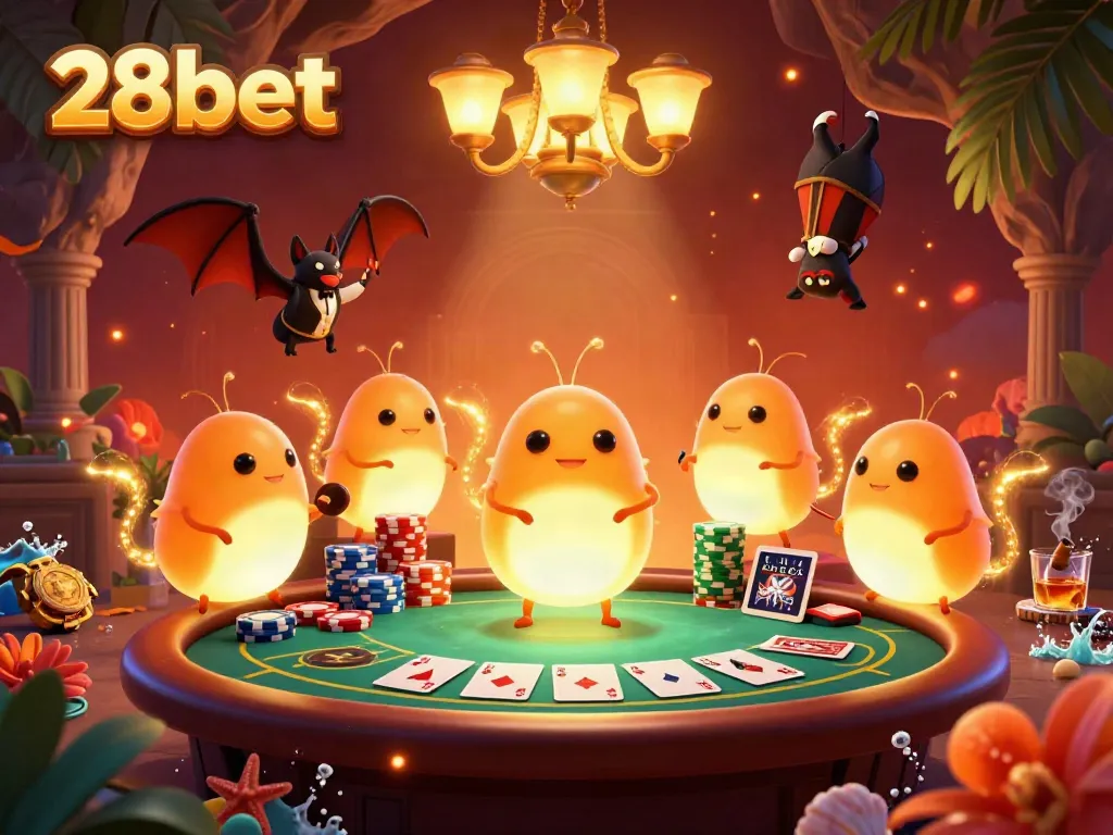 Experience the excitement of 28bet with our glowworm-themed casino illustration, showcasing vibrant poker action.