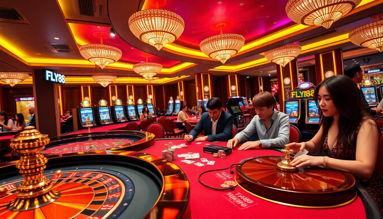Exciting gaming action at FLY88 casino with poker chips, slots, and roulette wheel.