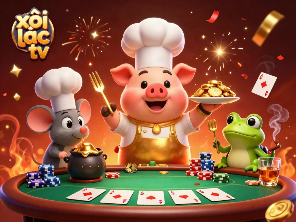 Experience the thrilling energy of xôi lạc tv with a vibrant 3D casino scene showcasing characters and poker elements.