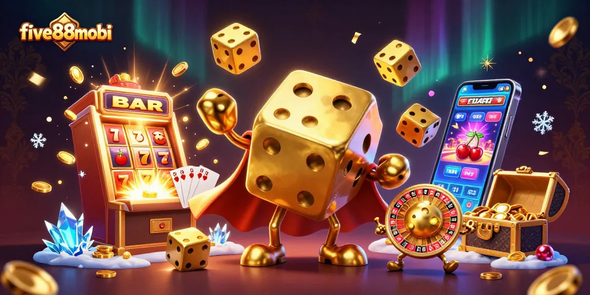 Experience vibrant gambling thrills with five88mobi, showcasing dazzling dice and a dynamic casino scene.