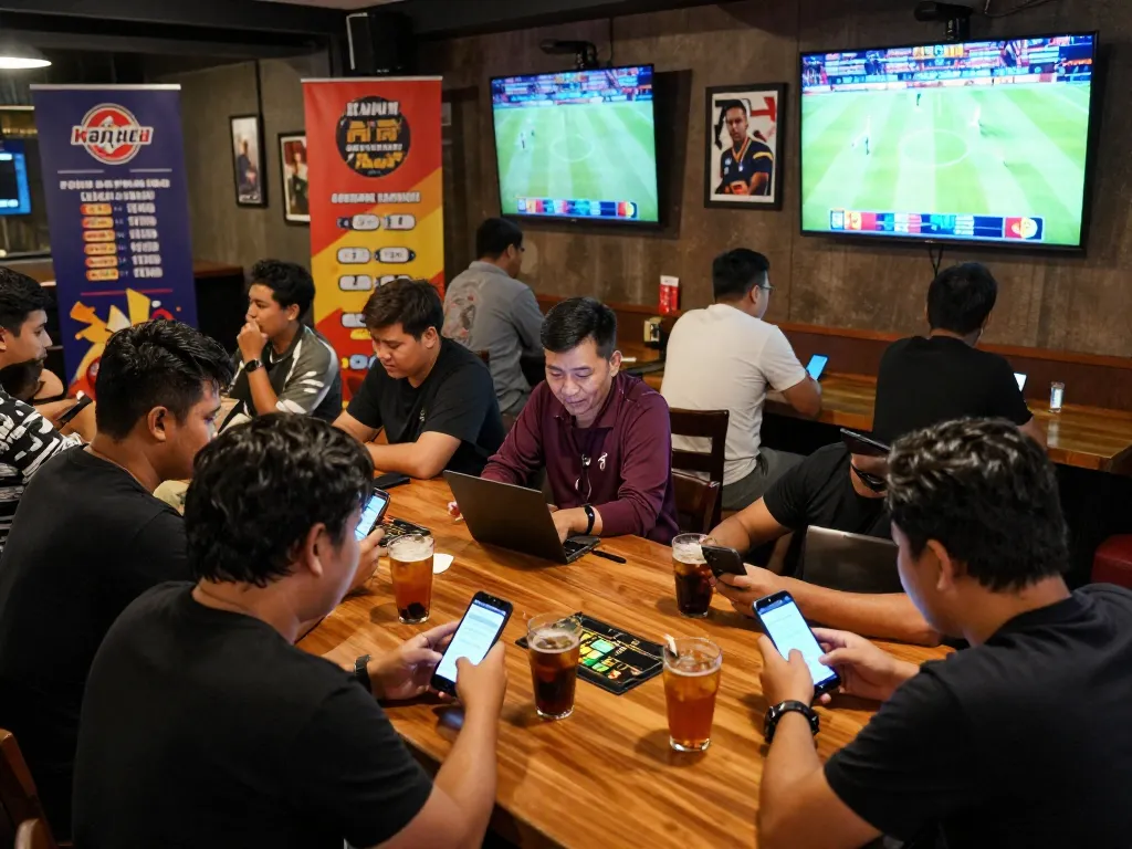 Patrons enjoy sports betting at a vibrant bar while using keonhacai apps on their devices.