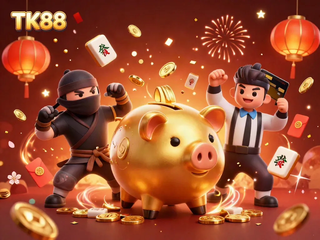 Winning big at TK88 with a dynamic sumo piggy bank stomping and gold coins flying in celebration.