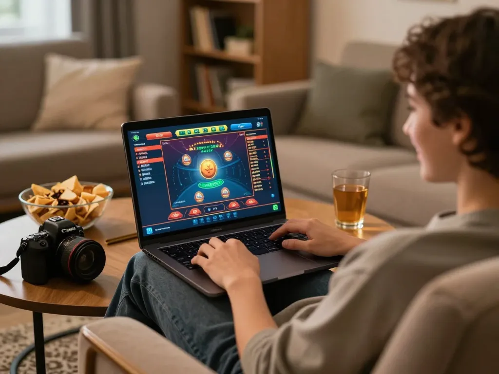 Engaging in responsible online gambling at home, focusing on VA88 strategy and bankroll management.
