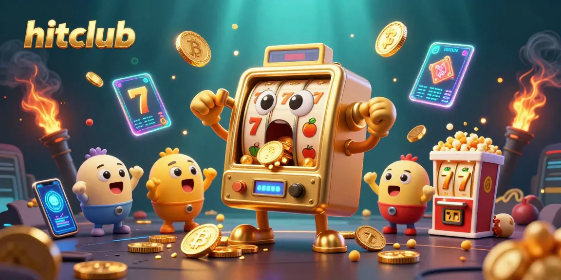 Hitclub's exciting golden slot machine wins a jackpot amidst glowing cryptocurrency coins and vibrant game elements.