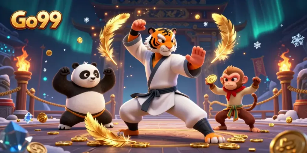 Experience excitement at Go99 with this vibrant 3D illustration showcasing a martial arts theme in a dynamic casino arena.