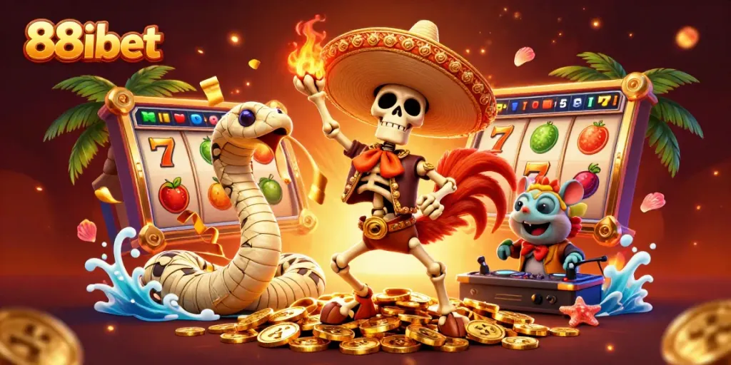 Experience exciting wins at 88ibet with vibrant slot reels, golden coins, and lively characters!