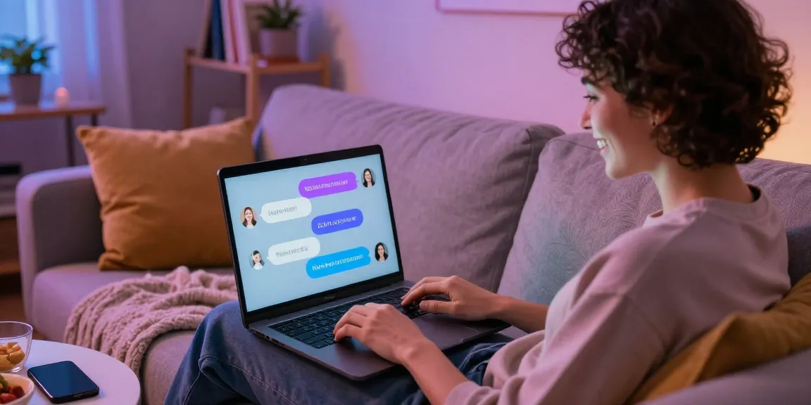 Person engaging with an nsfw chat bot on a laptop in a cozy home setting.