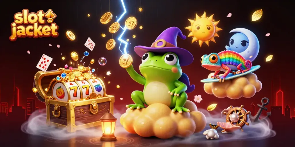 Engaging slot jackpot illustration with a wizard frog and chameleon amidst coins and slot reels.