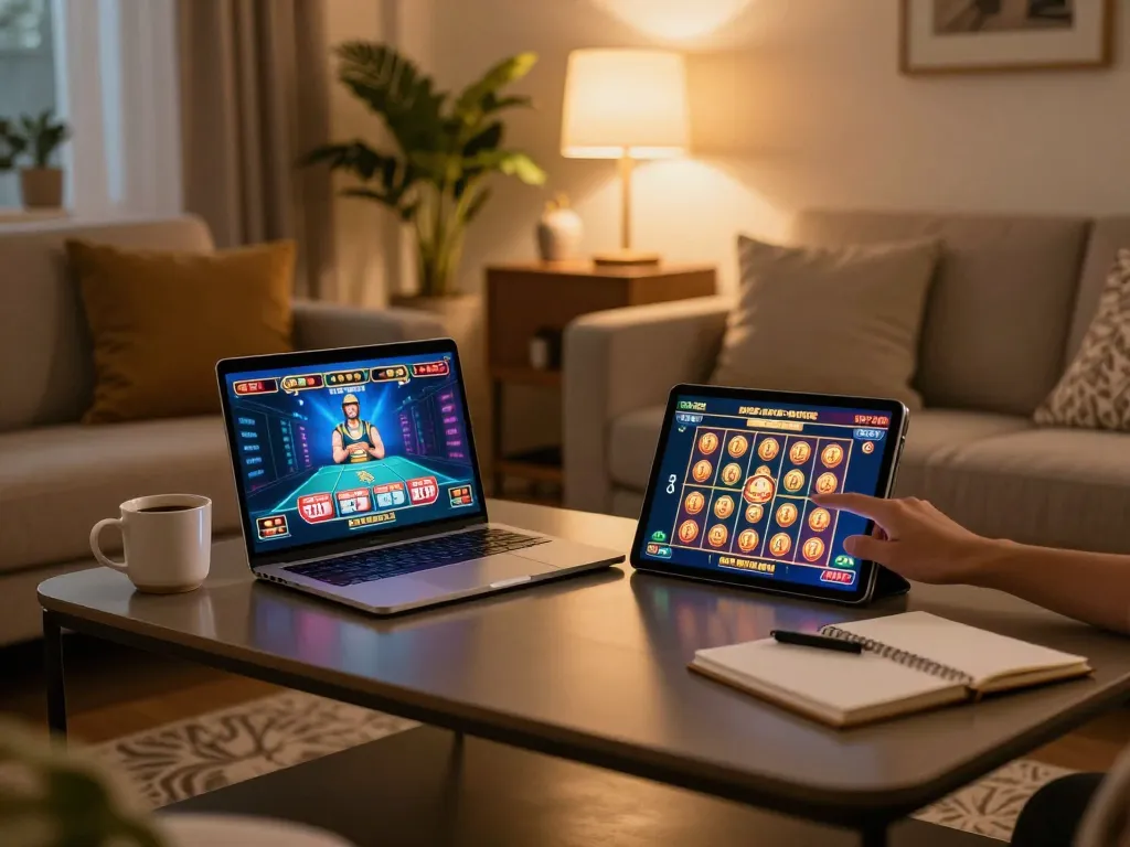 Engaging online gambling session at home with lu88vip gaming tablet and vibrant casino interface