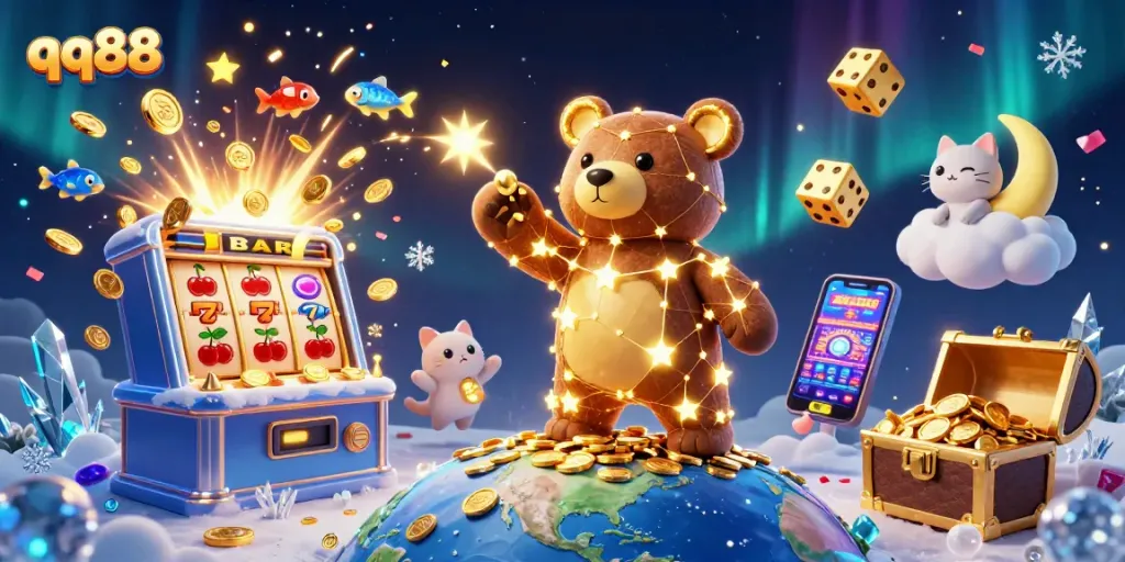Experience the thrill of qq88 with a vibrant 3D illustration showcasing gaming excitement and jackpot wins.