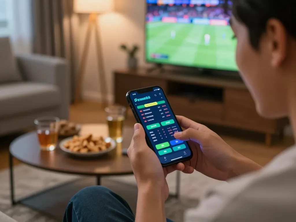 Person using the Fun88 app for online sports betting in a cozy living room setting.