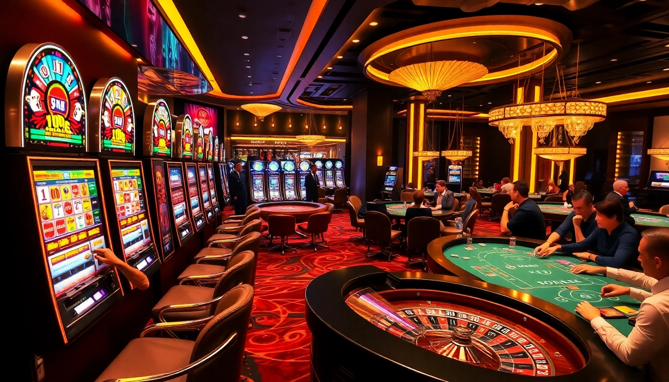Exciting casino scene at 11bett.it.com with slot machines, roulette table, and poker action.