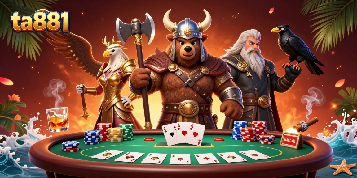 Engage with thrilling poker action at ta881, featuring a Viking bear and Valkyrie eagle amidst chips and cards.