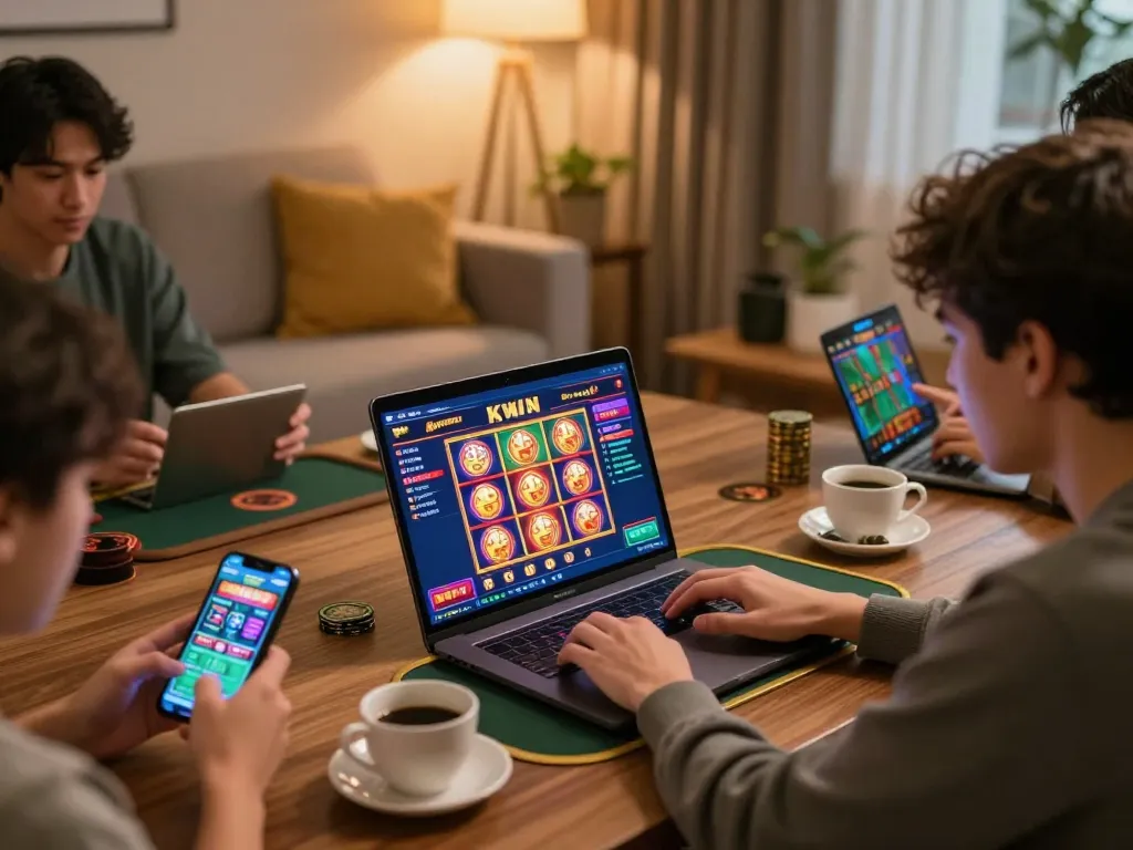 Kwin online gaming scene with players engaged at home, showcasing vibrant casino energy and strategy.