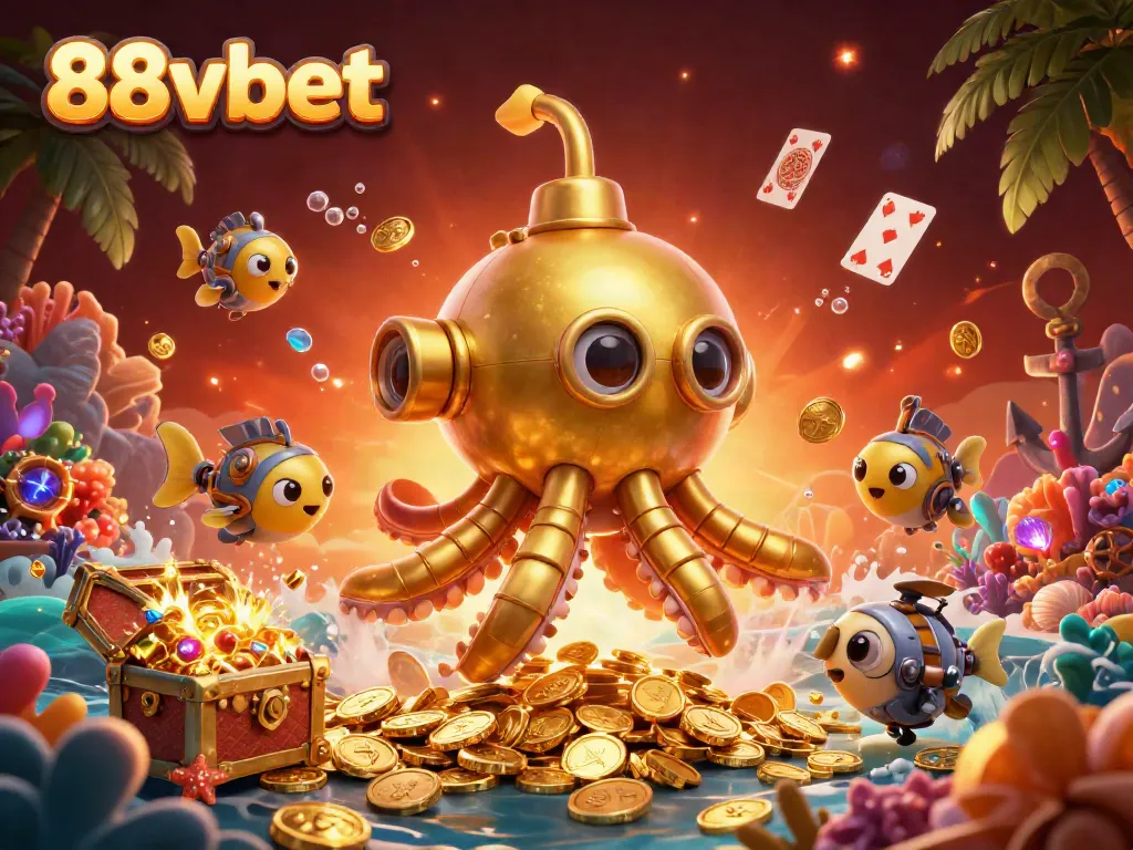 Experience the thrill of 88vbet with an illustrated golden kraken submarine and treasure-filled ocean.