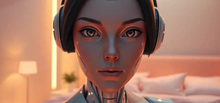 Futuristic sex bot with lifelike features in an intimate bedroom setting