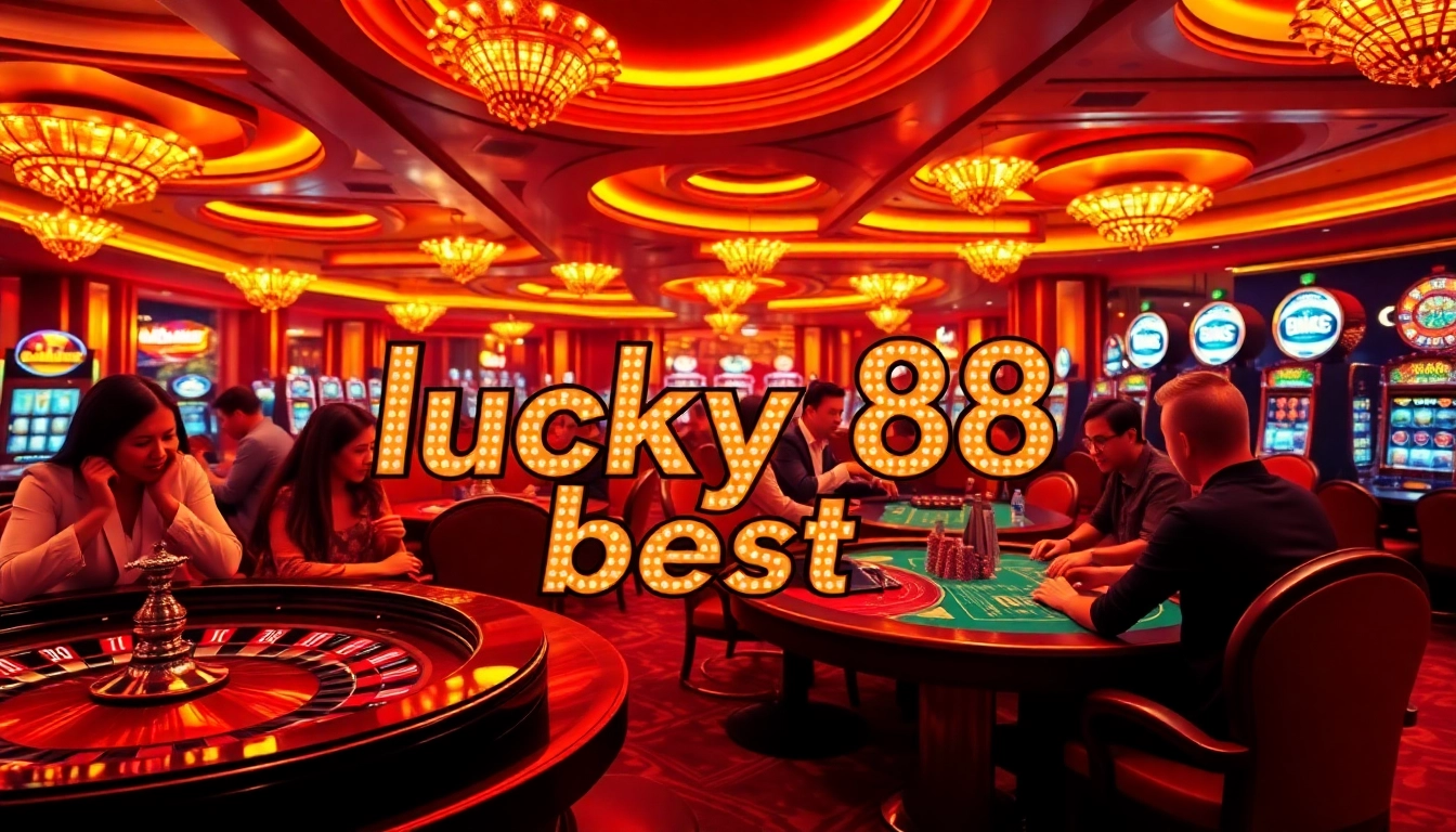 A thrilling casino experience with players enjoying games at lucky88 best, showcasing vibrant slots, tables, and chips.