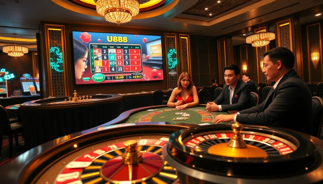 U888 players enjoy an exciting casino experience with poker tables and roulette wheels.
