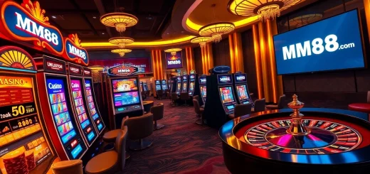 Experience high-stakes gaming atmosphere at mm88 com featuring vibrant slot machines and dynamic roulette wheels.