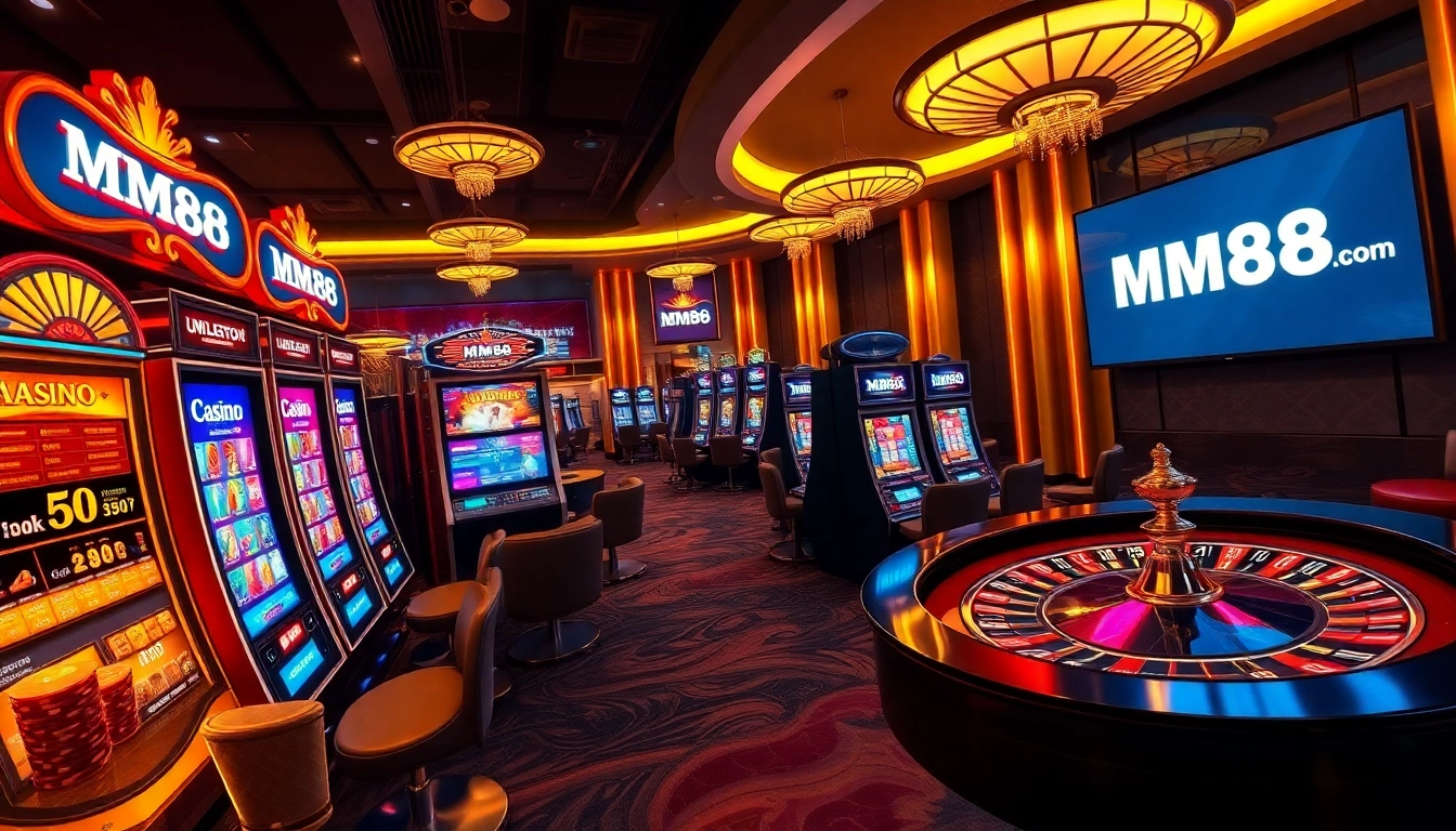 Experience high-stakes gaming atmosphere at mm88 com featuring vibrant slot machines and dynamic roulette wheels.