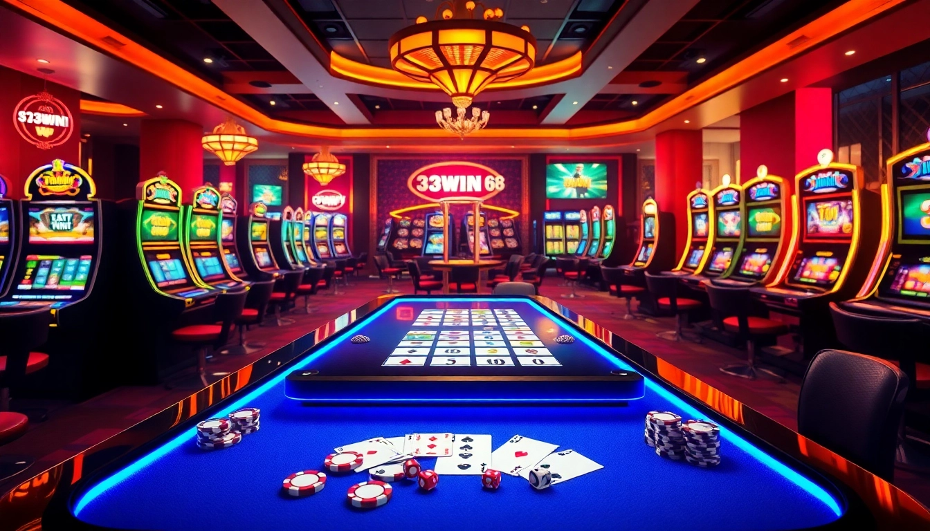 Experience the excitement at 33win 68 with a luxurious casino scene featuring vibrant tables and captivating slot machines.