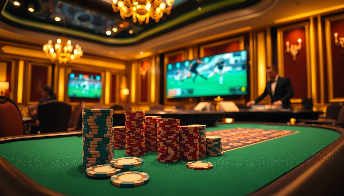 Enjoy trực tiếp bóng đá action in a vibrant casino with poker chips and roulette.