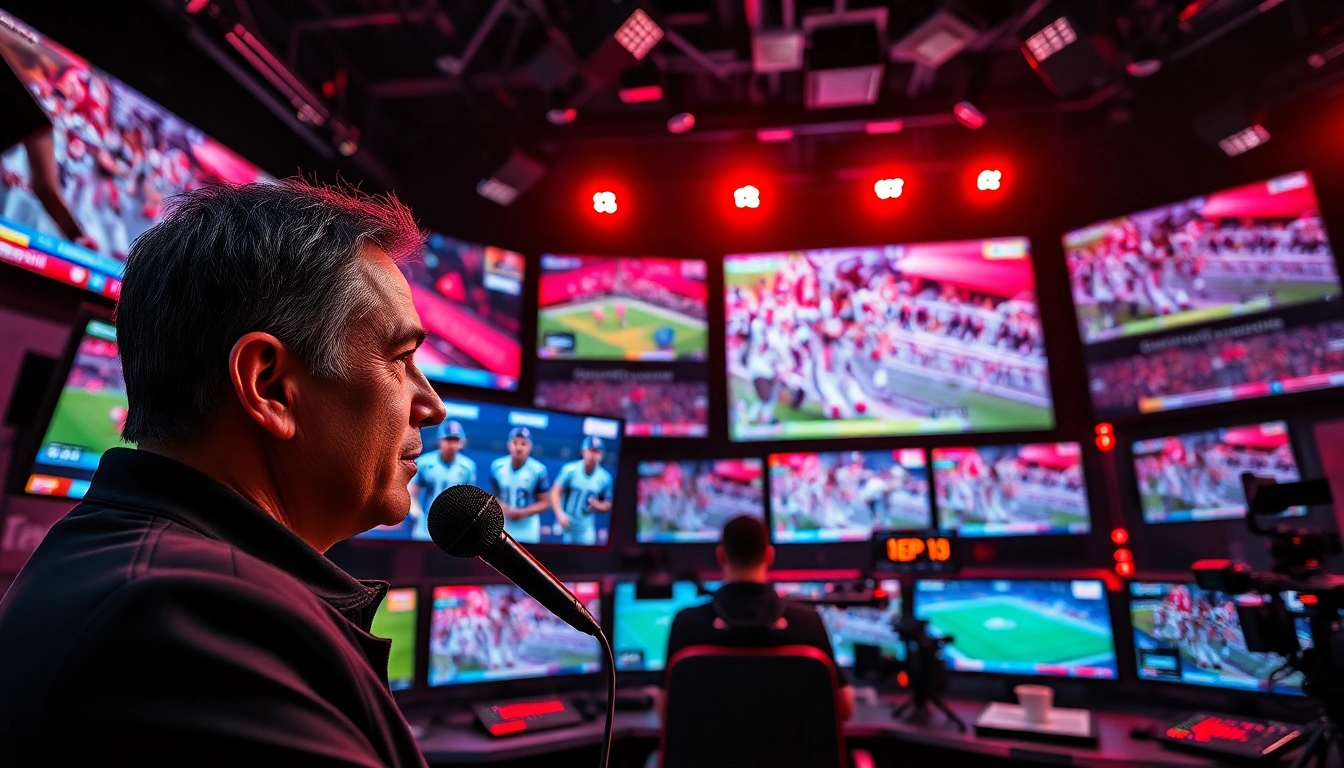 Engaging scene of sports broadcasting with a commentator and live sports events displayed.