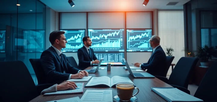 Engaging finance workspace showcasing Finansnyheter with professionals discussing data.