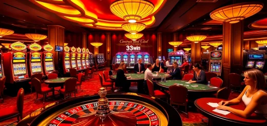 A bustling casino scene featuring players enjoying games and the thrill of gambling at 33win.property.