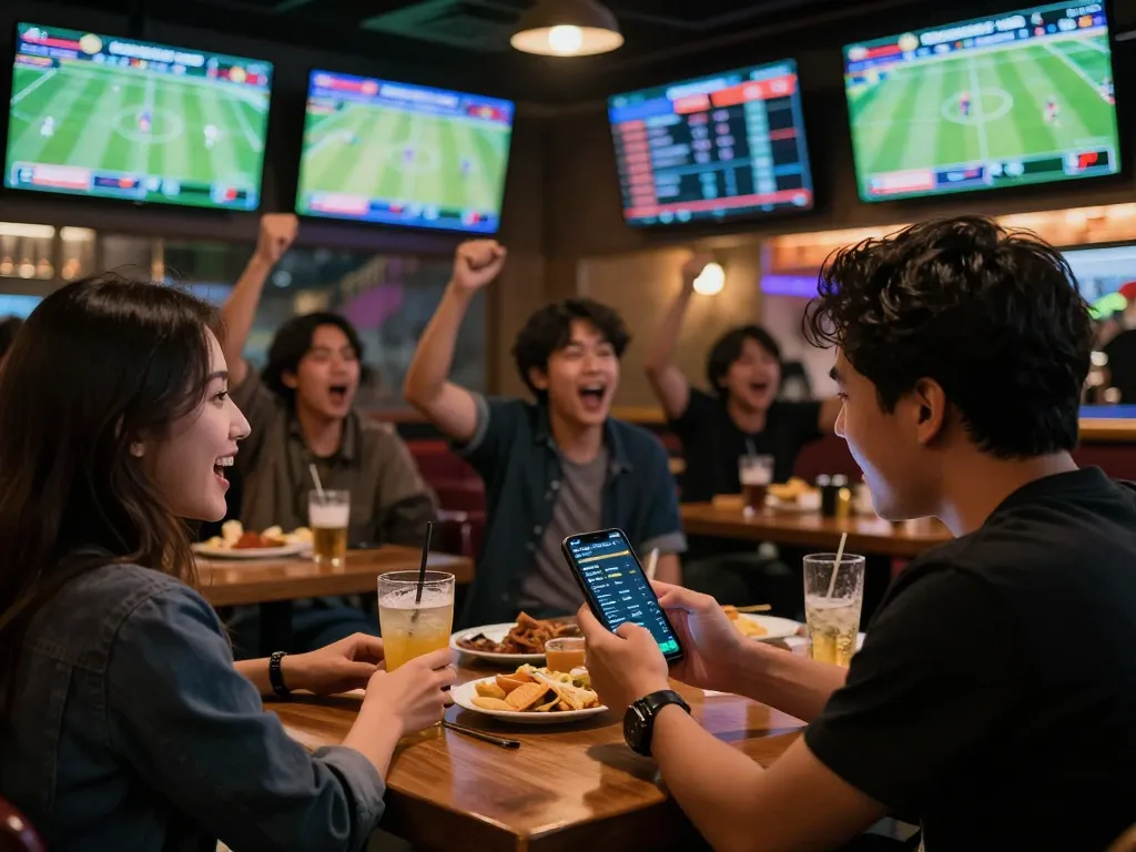 Betting enthusiast reviewing kèo nhà cái odds on smartphone in a lively sports bar