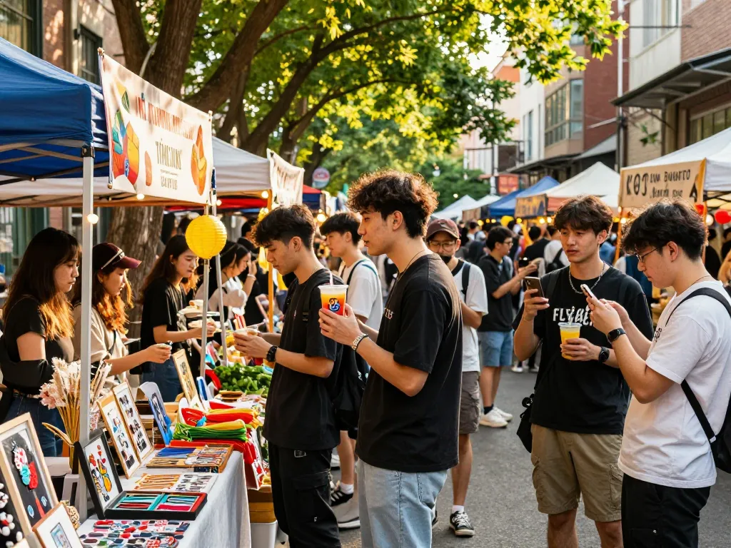 Friends enjoying vibrant street market with Fly88 drinks and local crafts.