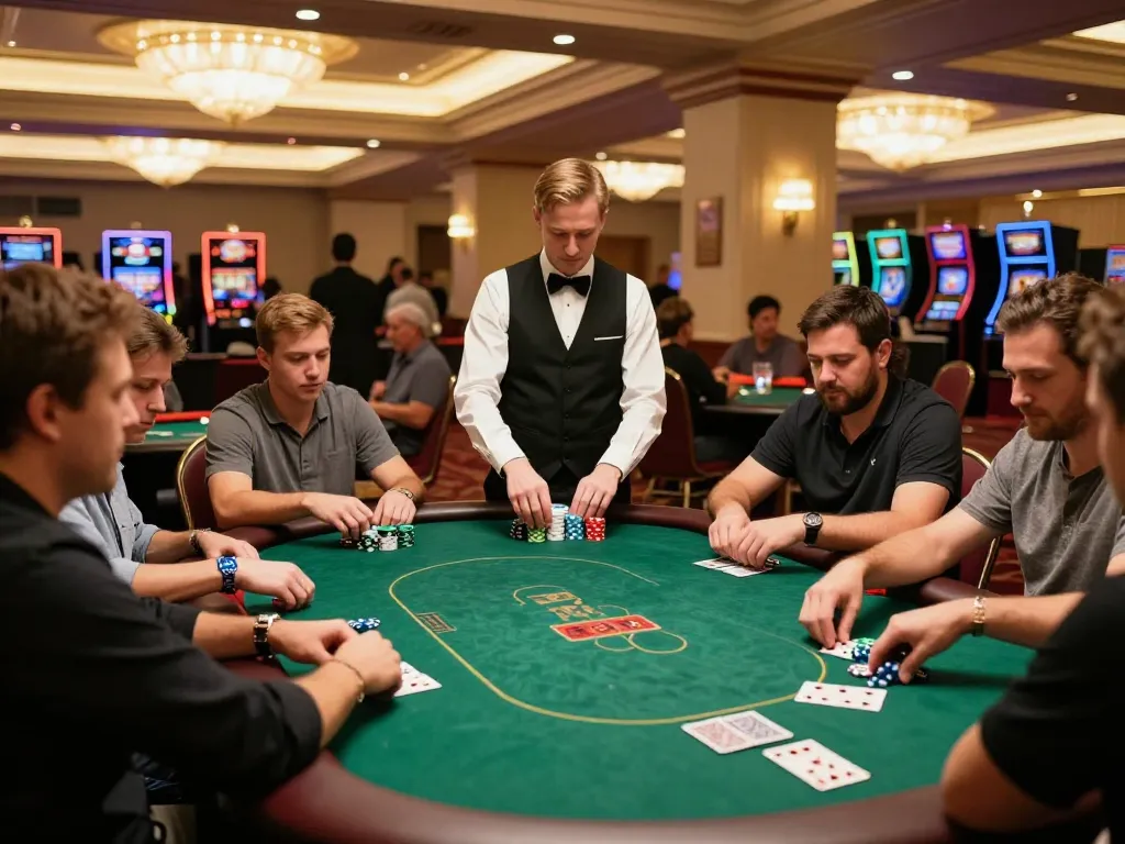 Players strategizing in a poker game at 98win's upscale casino, vibrant atmosphere with colorful chips visible.