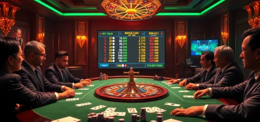 Players at a professional table in a casino showcasing the concept of nhà cái uy tín with vibrant poker chips and cards.