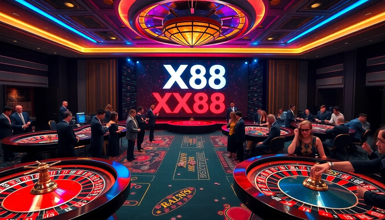 Experience the thrill of gambling at XX88 with poker tables, chips, and roulette wheels.
