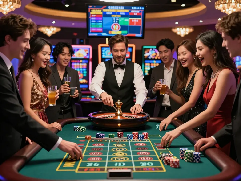 Friends enjoying the excitement of nk88 at a lively casino, placing bets around a roulette table.